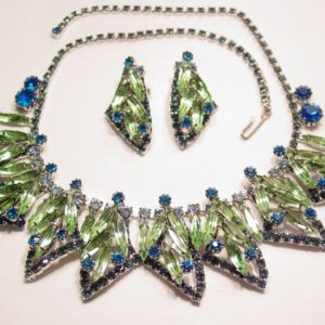 Gorgeous Lime and Bright Blue Rhinestone Necklace and Earrings Set