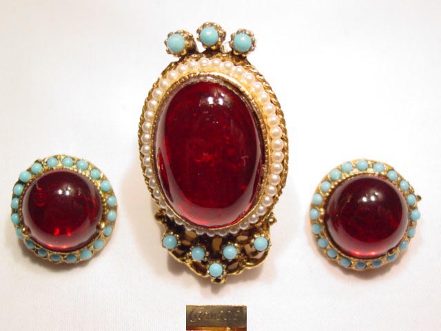 Red, White and Blue Hattie Carnegie Pin and Earrings Set