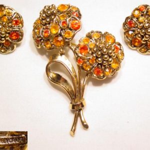 Orange Floral Hollycraft Pin and Earrings