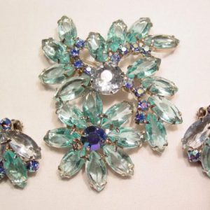Vibrant Light Blue Rhinestone Floral Pin and Earrings Set