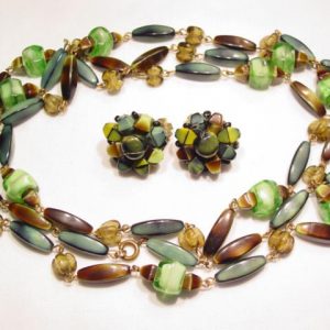 Green and Brown Mottled Glass West German Necklace and Earrings Set