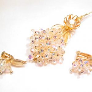 Bright Aurora Borealis Flower Pin and Earrings Set
