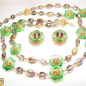 Green Plastic and Glass Hobe Necklace and Earrings Set