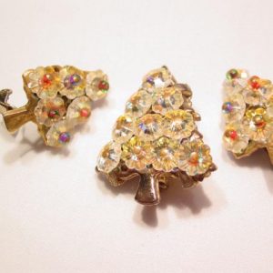 Flower Aurora Borealis Rhinestone Christmas Tree Pin and Earrings