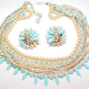 Japanese Pearl and Baby Blue Glass Necklace and Earrings Set