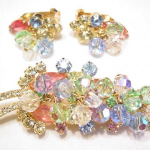 Gorgeous Pastel D&E (Juliana) Encrusted Leaf Pin and Earrings Set