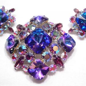 Fantastic Purple Rivoli Encrusted Rhinestone Pin and Earrings Set