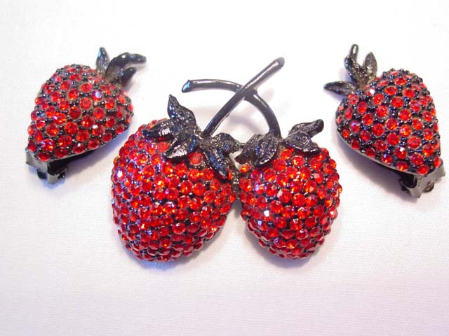 Vibrant Red and Black Strawberry Pin and Earrings Set