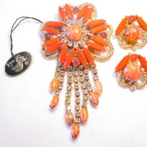 Beautiful Coral-Colored Rhinestone Juliana Pin and Earrings