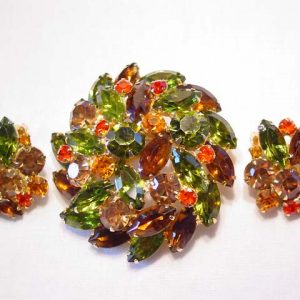 Olive and Brown Chunky Rhinestone Pin and Earrings Set