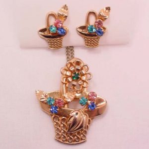 Flower Basket Necklace/Pin and Earrings Set