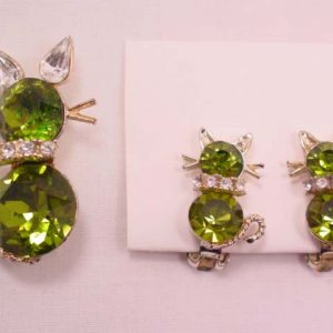 Dodds Olive Green Cat Pin and Earrings Set
