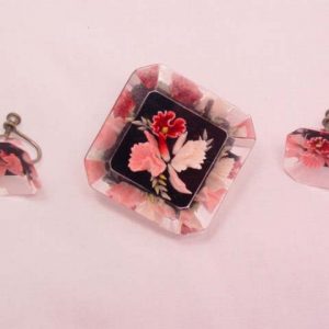 Stylized Iris in Lucite Pin and Earrings Set