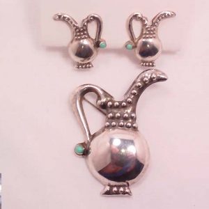 Sterling and Turquoise Water Pitcher Pin and Earrings Set
