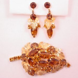 Topaz and Brown Rhinestone Leaf Pin and Earrings Set