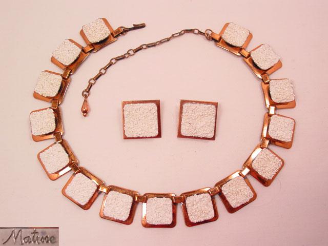 Matisse Copper and Snowy White Enamel Necklace and Earrings Set