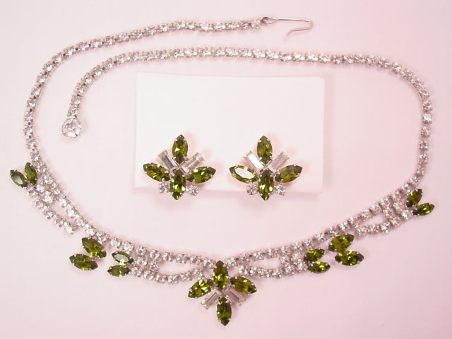 Beautiful B.  David Clear and Olive Rhinestone Necklace and Earrings Set in Original Box