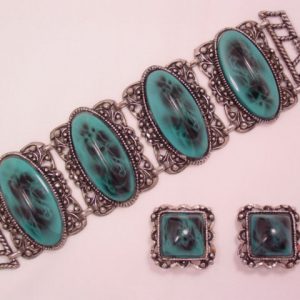 Large Imitation Dark Turquoise Oval Bracelet and Earrings
