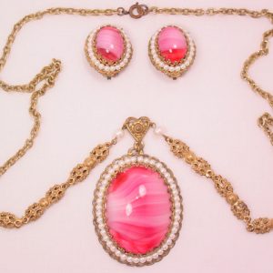 Marbleized Pink West Germany Necklace and Earrings