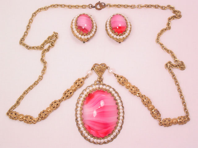 Marbleized Pink West Germany Necklace and Earrings