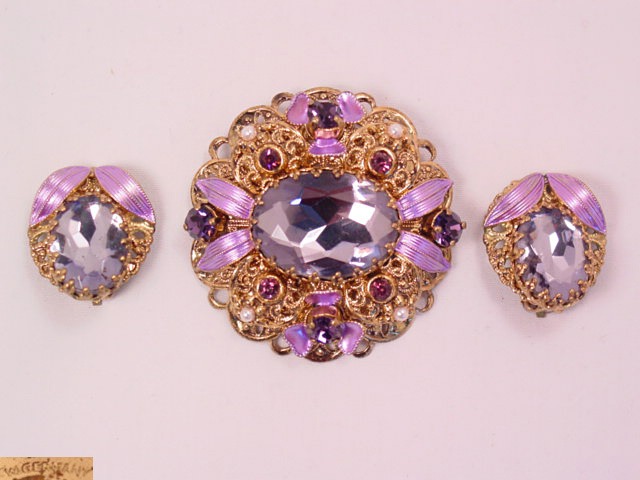 Lavender and Purple West German Pin and Earrings Set