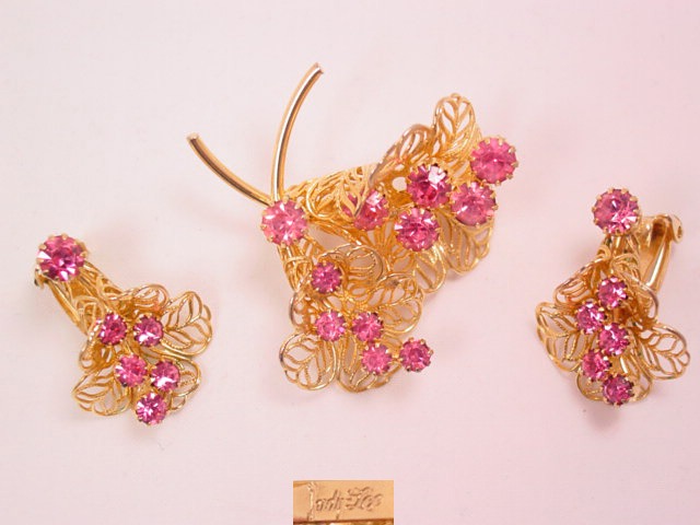 Pink Rhinestone and Filigree Judy Lee Pin and Earrings Set