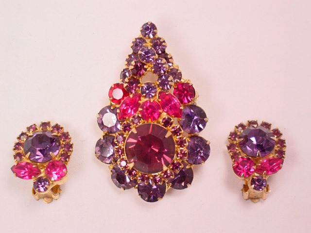 Purple and Fuschia Teardrop-Shaped Pin/Pendant and Earrings Set