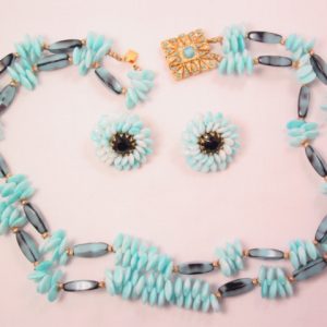 Fantastic Light Blue and Black Glass Necklace and Earrings Set
