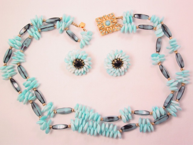 Fantastic Light Blue and Black Glass Necklace and Earrings Set