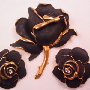 Dick Co. Flat-Black Enamel Rose Pin and Earrings