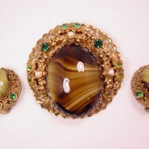 Brown and Caramel West German Pin and Earrings Set