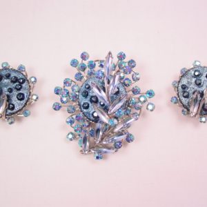 Stunning Blue Art Glass and AB Judy Lee Pin and Earrings Set