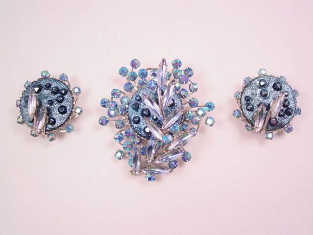 Stunning Blue Art Glass and AB Judy Lee Pin and Earrings Set