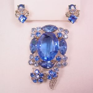 Light Blue Square Rhinestone and Filigree Leaf Pin and Earrings Set