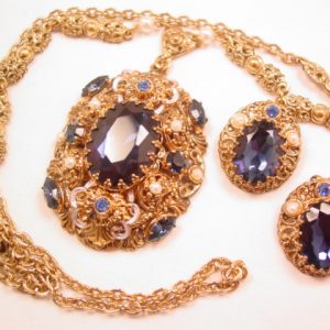 Dark Blue and Imitation Pearl West Germany Necklace and Earrings