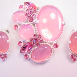 Pink Rhinestone and White Japanned Pin and Earrings Set