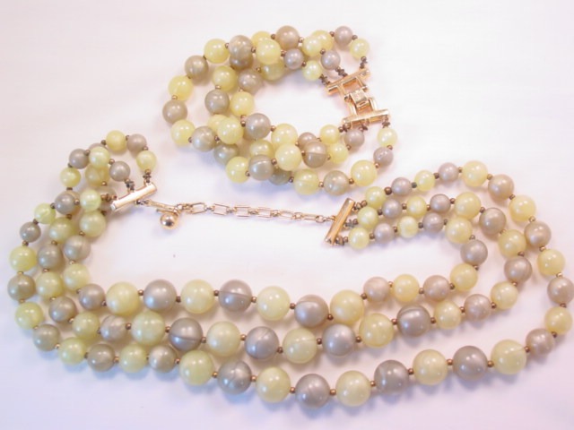 Lime and Olive 3-Strand Trifari Necklace and Bracelet Set