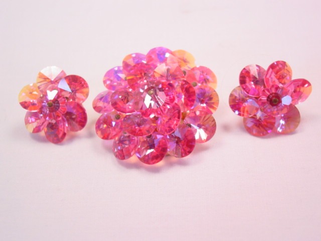 Bright Pink Aurora Borealis Beaded Pin and Earrings