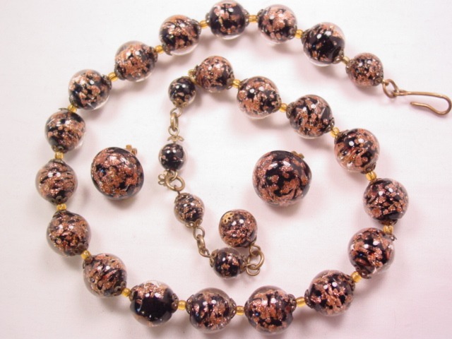 Black and Gold Murano Glass Necklace and Earrings Set