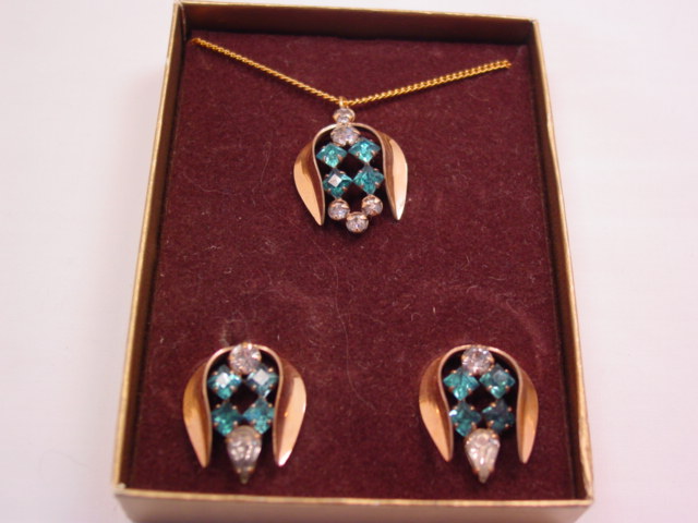 Blue and Clear Rhinestone Phyllis Necklace and Earrings Set
