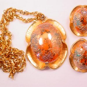Judy Lee Orange Art Glass Necklace and Earrings Set