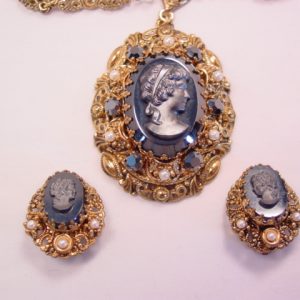 Beautiful Hematite-Colored West German Cameo Necklace and Earrings Set