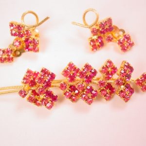 Magenta and Pink Rhinestone Branch Pin and Earrings Set